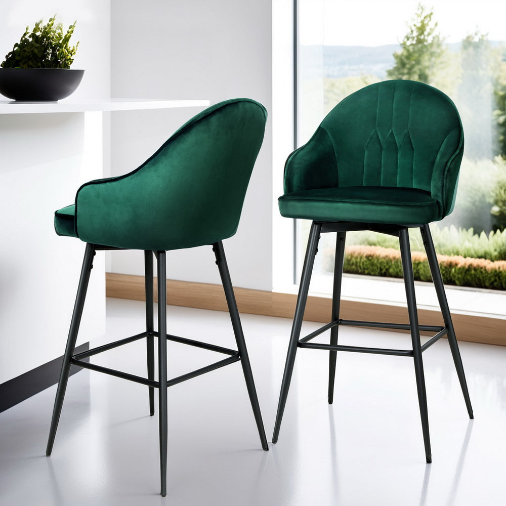 Mesial Bar Stool Set of 4 Velvet Swivel Metal Legs Green