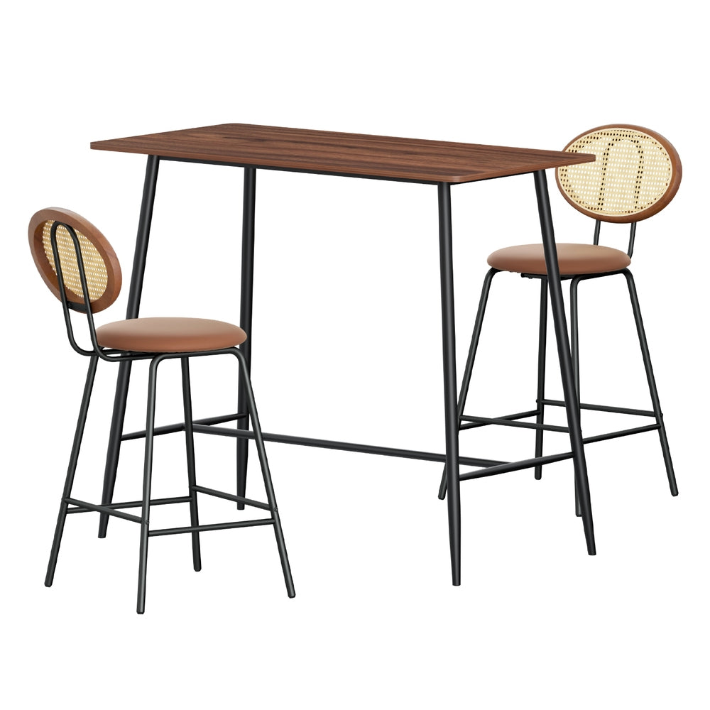 Artiss Oak Black Industrial Bar Table Set with Brown Stools