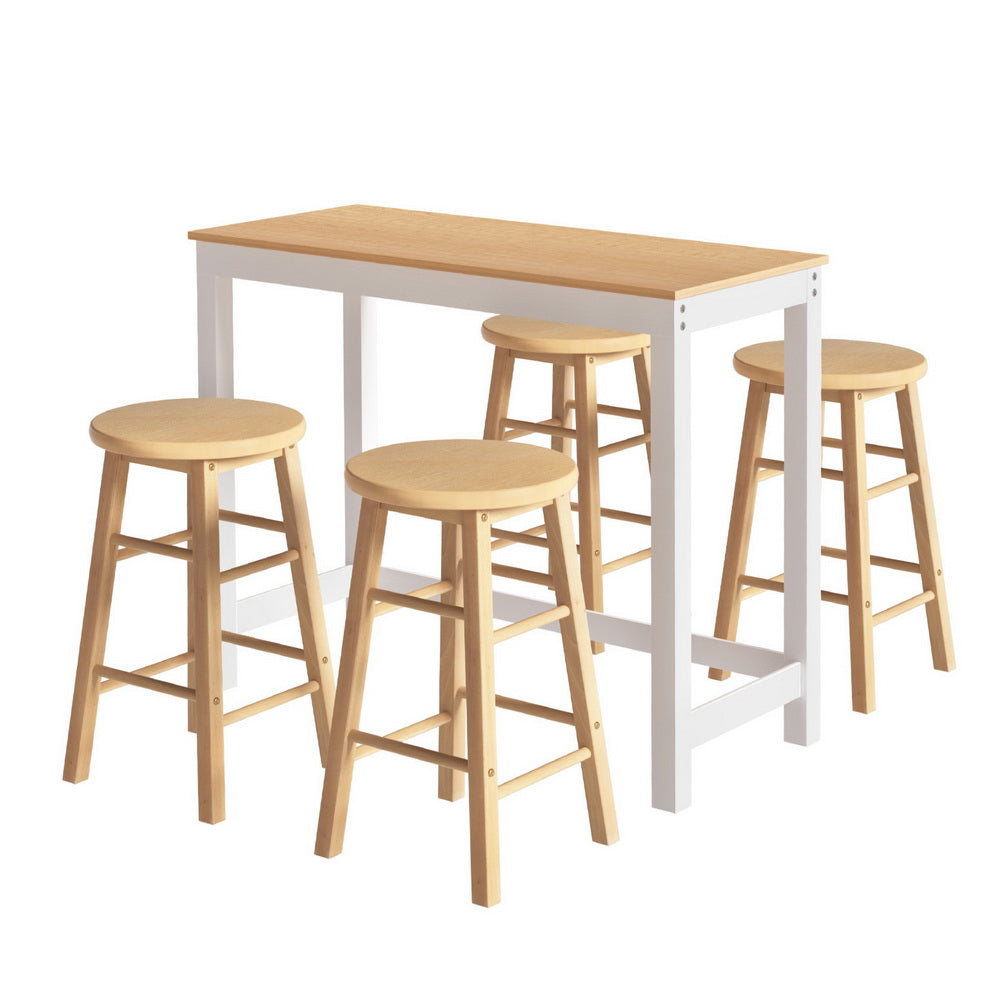 Artiss Pine White Bar Table and Natural Stools Set Dining Cafe Pub