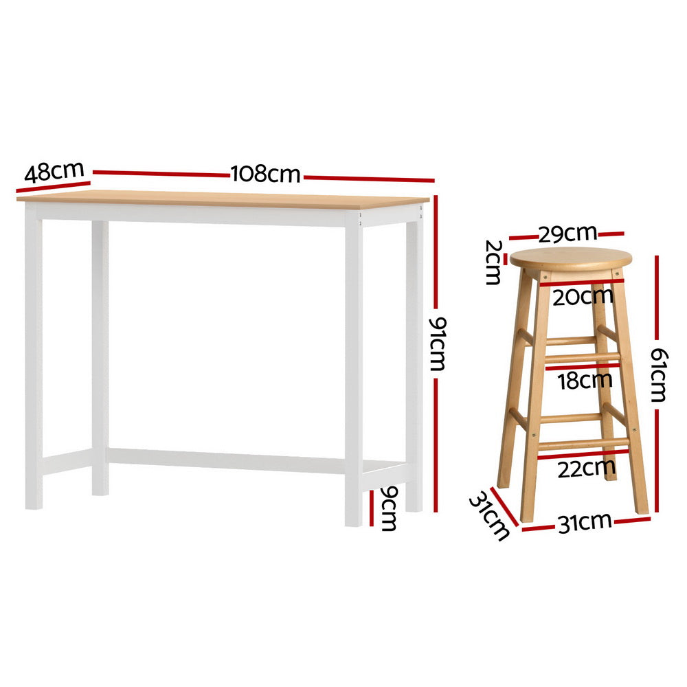 Artiss Pine White Bar Table and Natural Stools Set Dining Cafe Pub