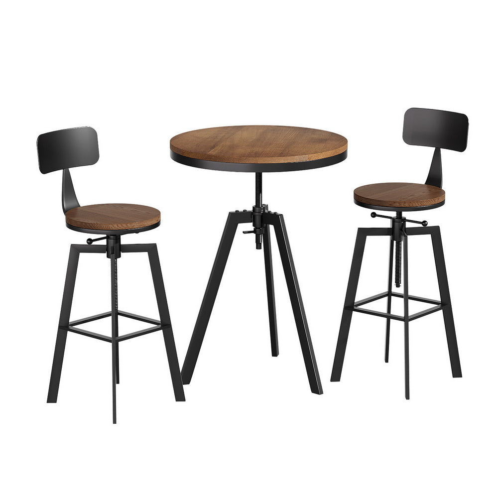 Industrial Bar Table and Stools Set Elm Wood Swivel Adjustable Black
