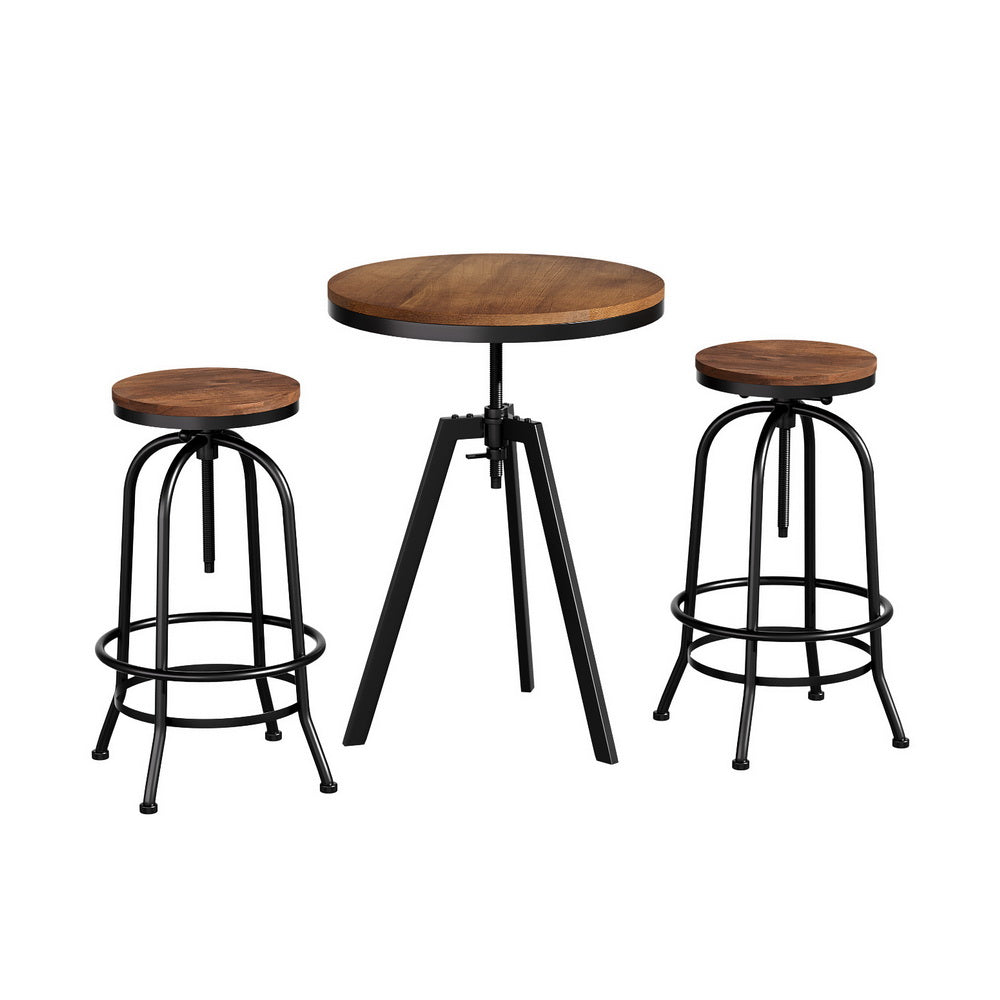 Industrial Bar Table and Stools Set Adjustable Swivel Elm Wood Black