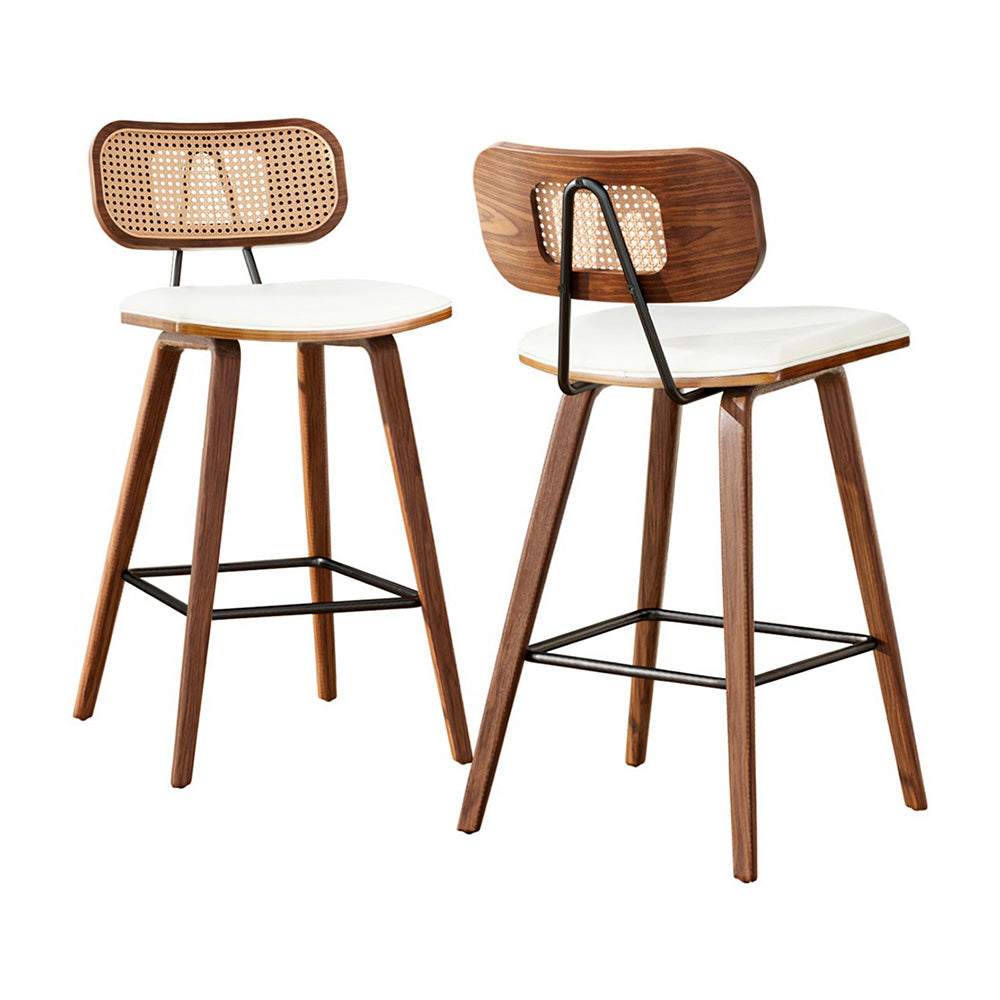Artiss Set of 2 Bar Stools Rattan Backrest PU Leather Beige