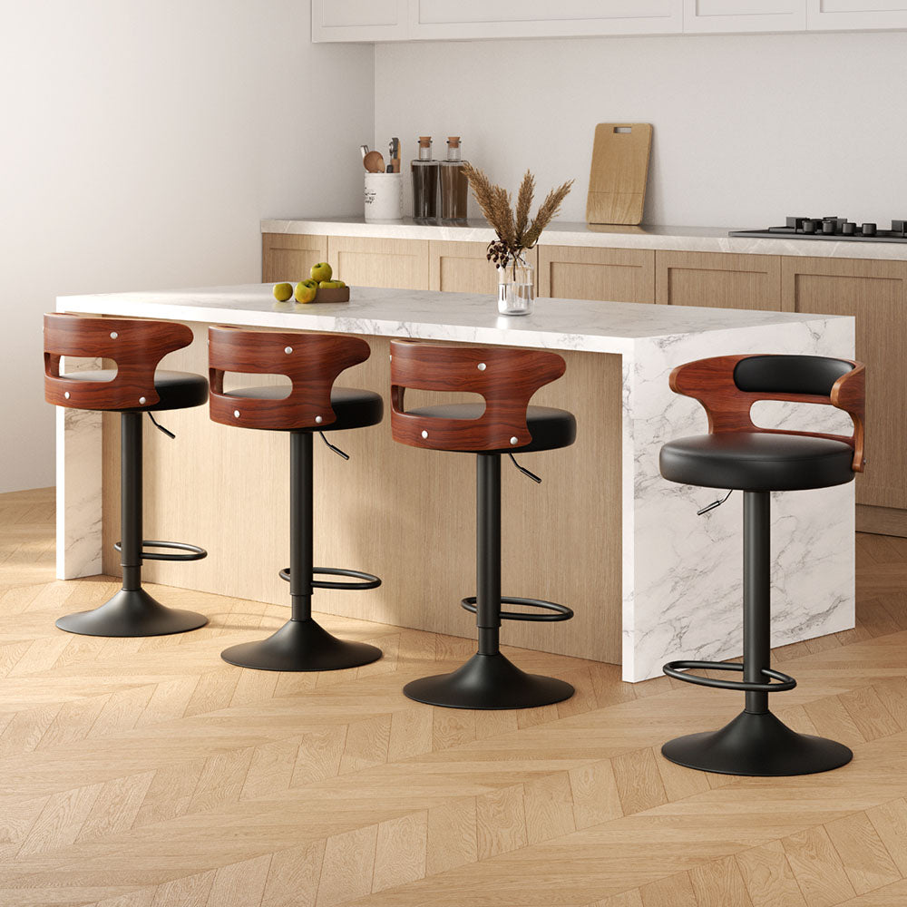 Grandeur Bar Stools 4x Gas Lift Black Faux Leather