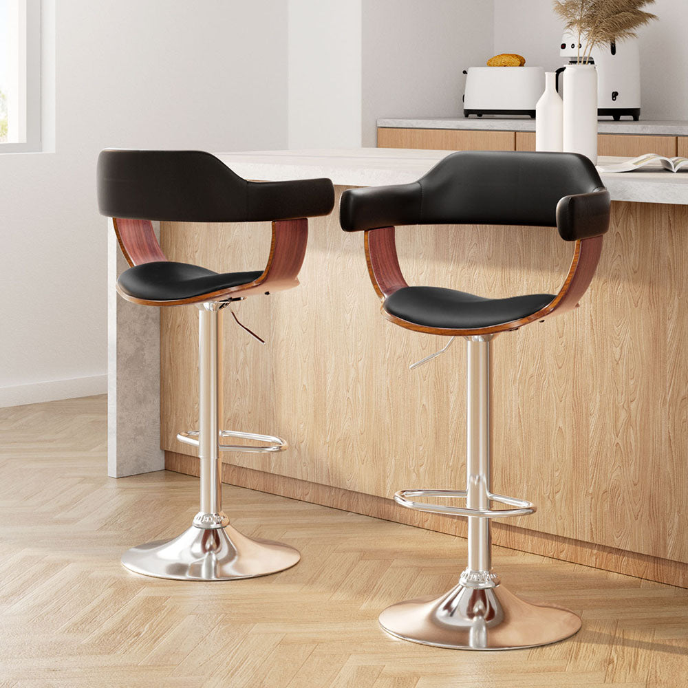 Selina Bar Stools Pair Gas Lift Leather Armrest Black