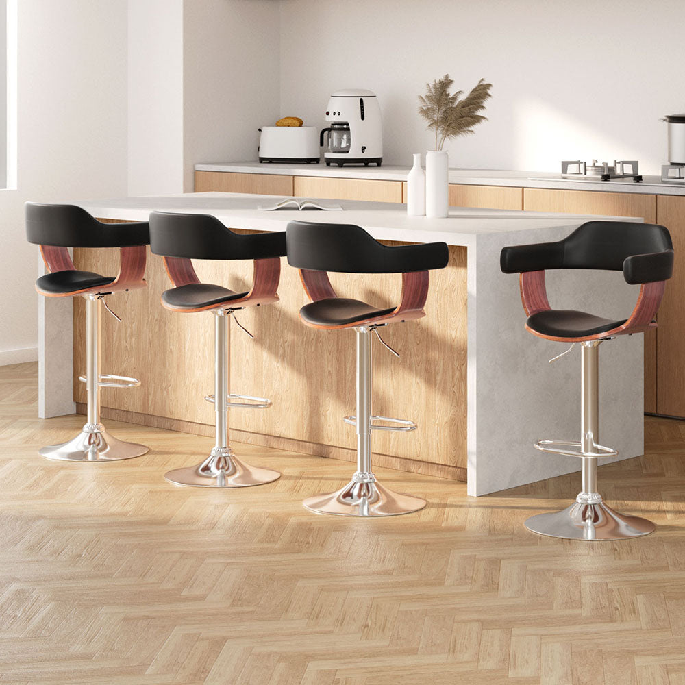 Selina Bar Stools Set of 4 Gas Lift Leather Armrest Black
