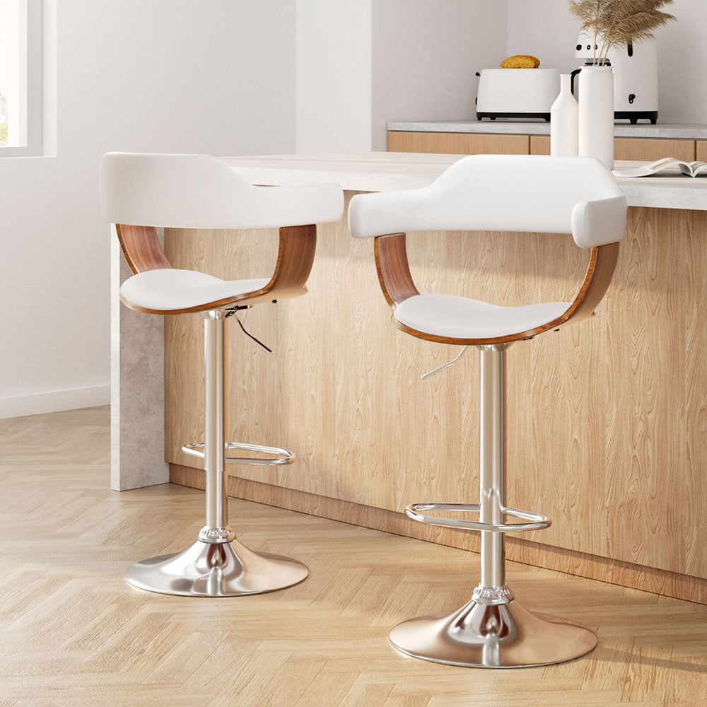 Selina Bar Stools Gas Lift Leather Armrest White (Set of 2)