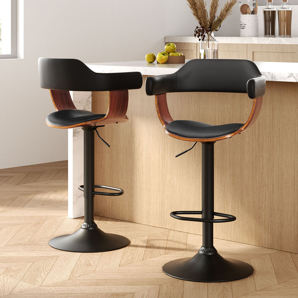 Selina Bar Stools x 2 Gas Lift Leather with Armrest Black