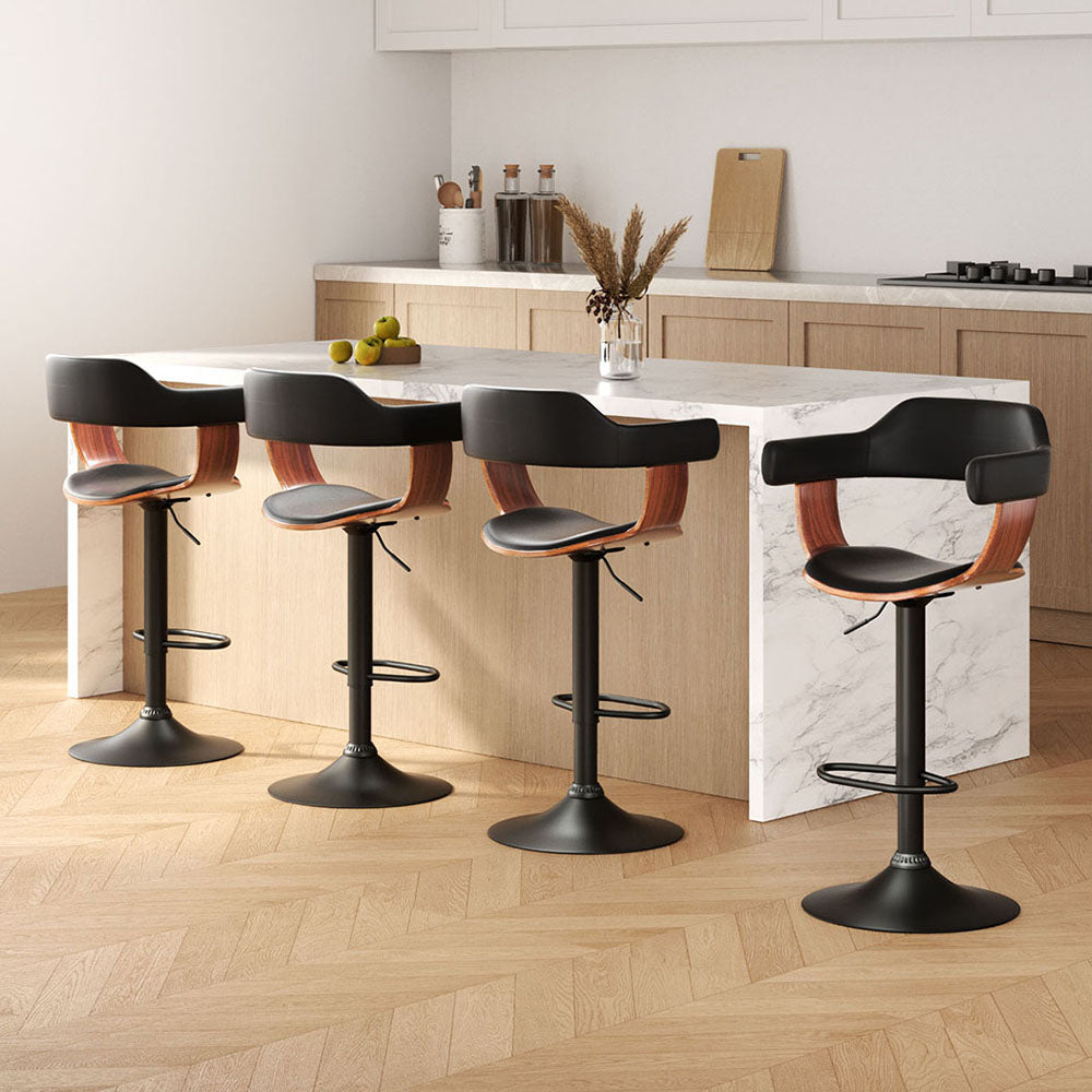 Selina Bar Stools 4-Pack Gas Lift Leather Armrest Black