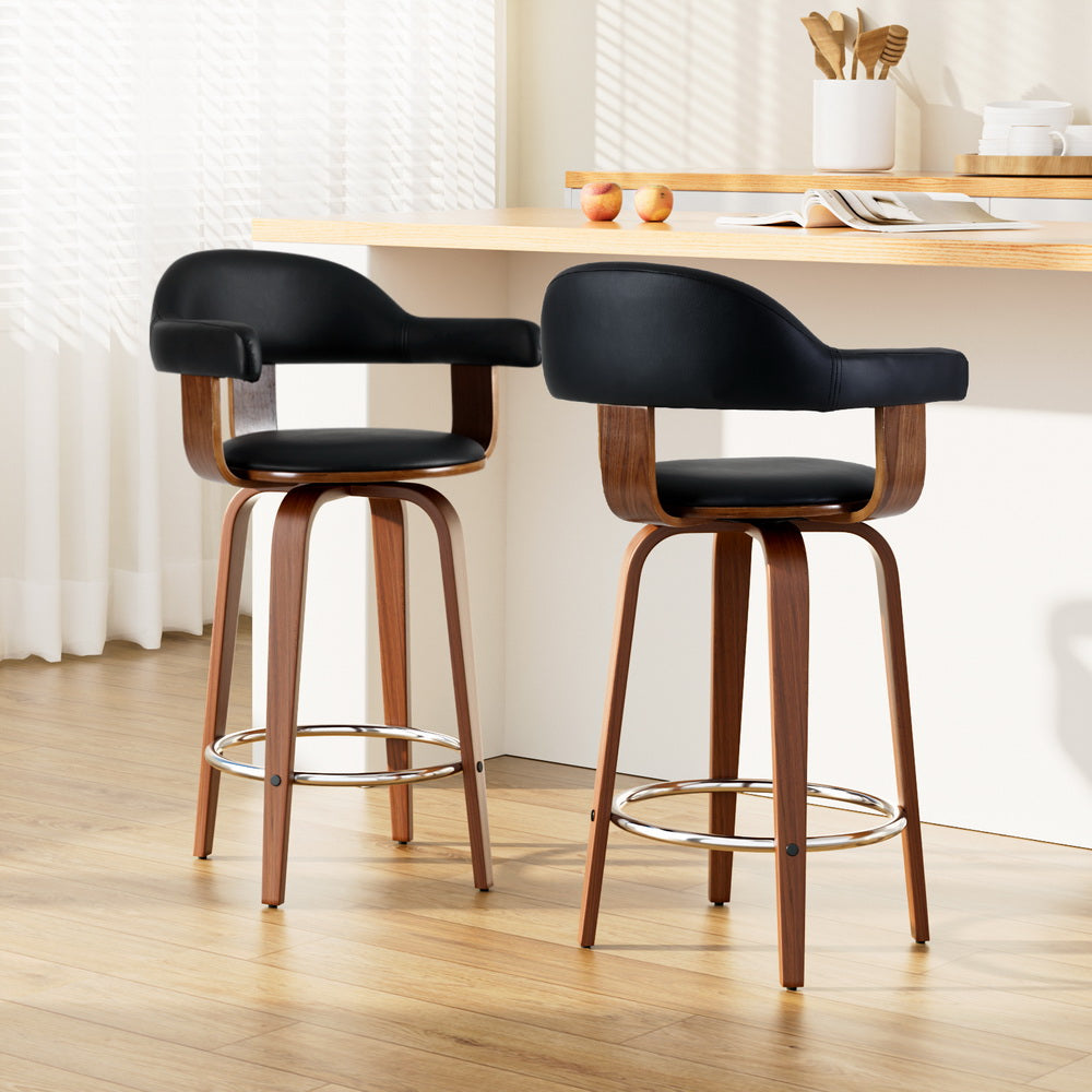 Priscus Bar Stools 2-Pack Leather Seat Wooden Legs Black