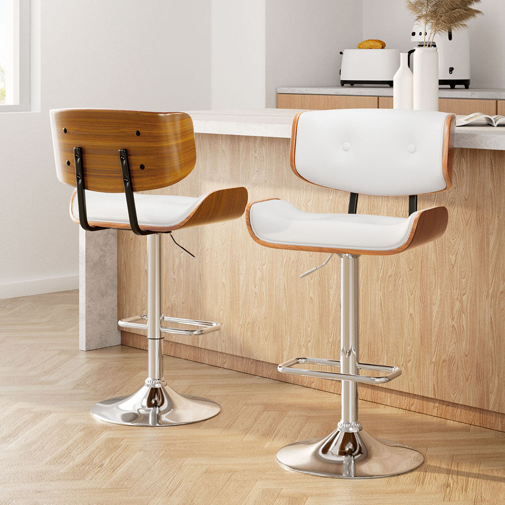 Cherry Bar Stools Gas Lift Leather White Set of 2