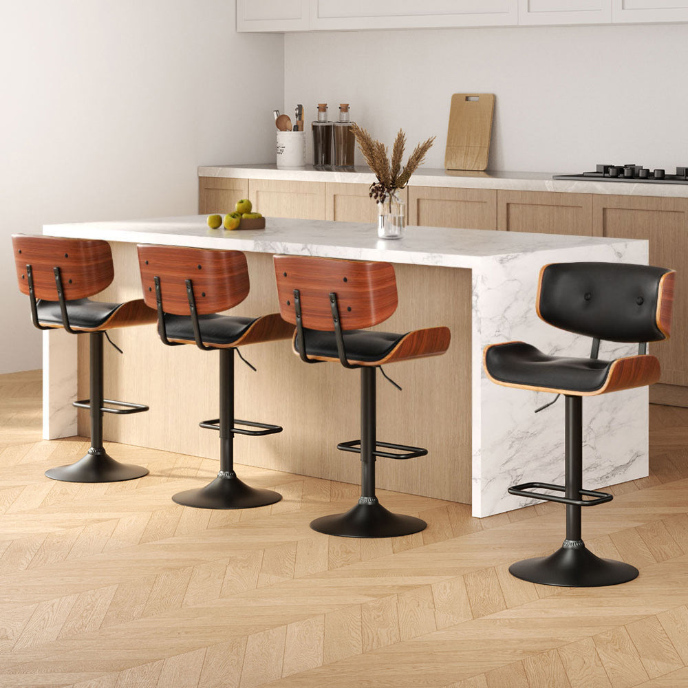 Cherry Bar Stools Set of 4 Gas Lift Leather Black