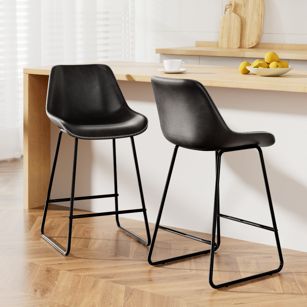 Fenella Bar Stools 70cm Leather Metal Black Set of 2