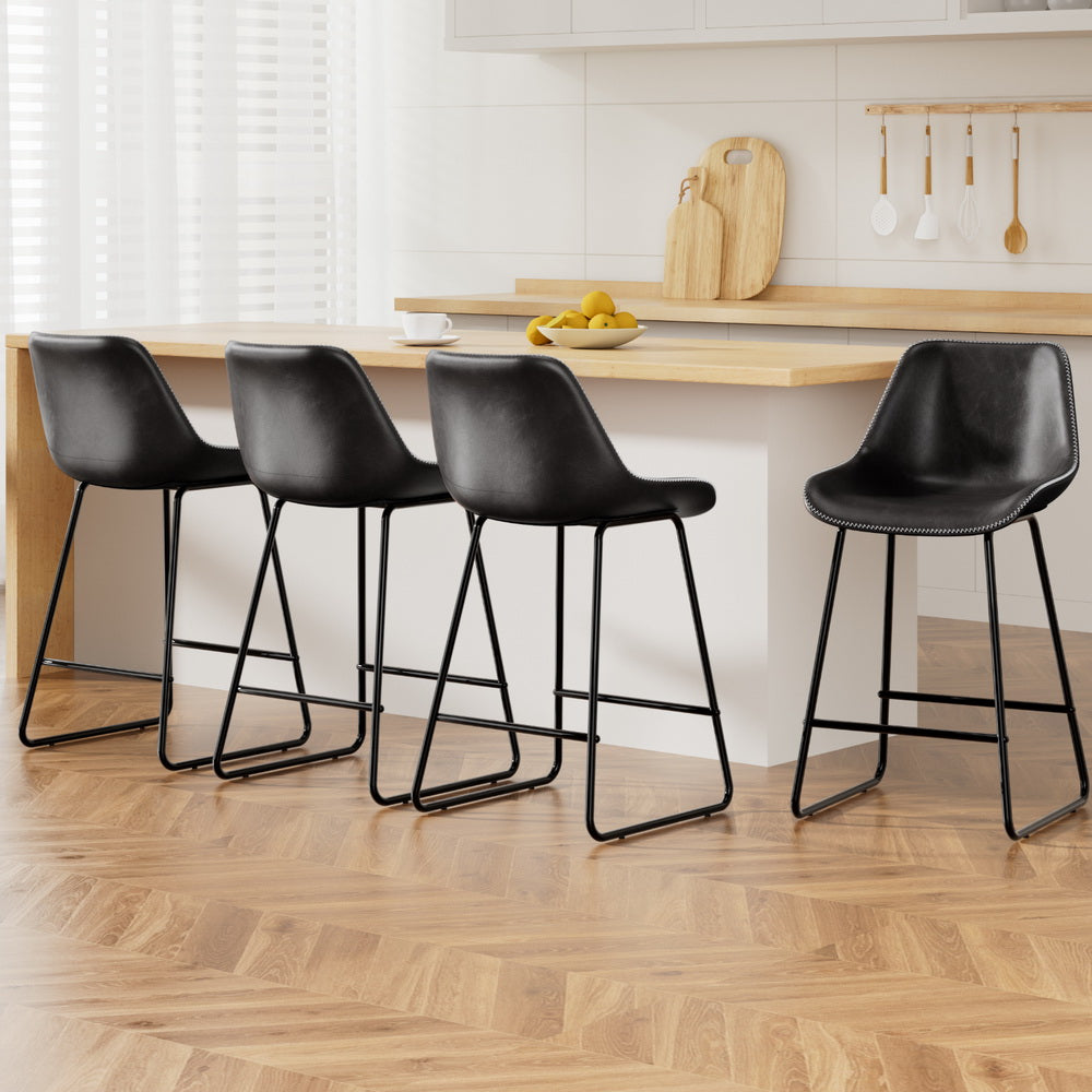 Fenella 4x Bar Stools Leather Padded Metal Legs Black