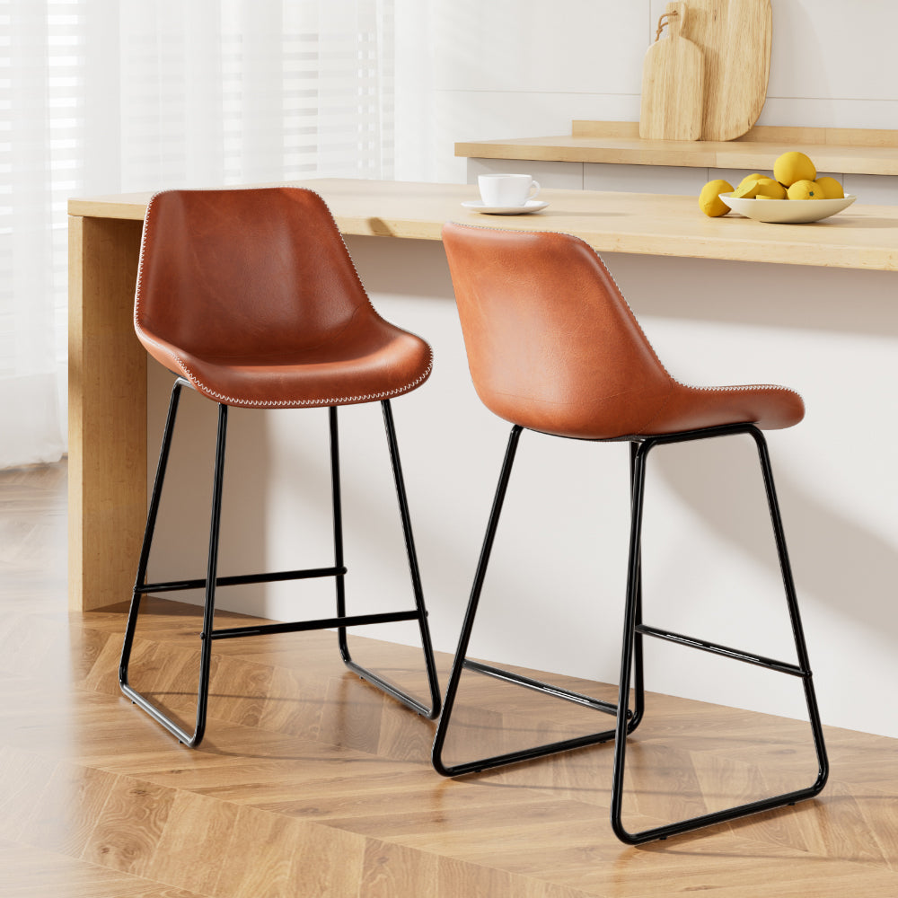 Fenella Bar Stools 70cm Leather Metal Brown Set of 2