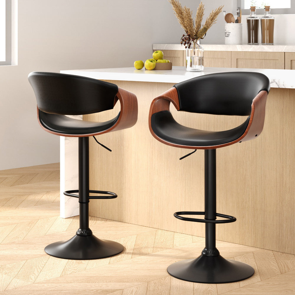 Ambrus Bar Stools Pair Gas Lift Leather Armrest Black