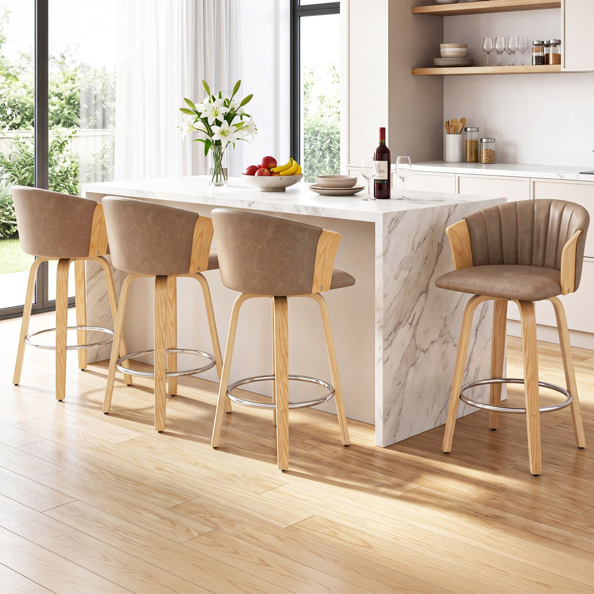 Artiss Wooden Bar Stools Set of 4 Swivel Kitchen Counter Stools Chair 66cm Khaki