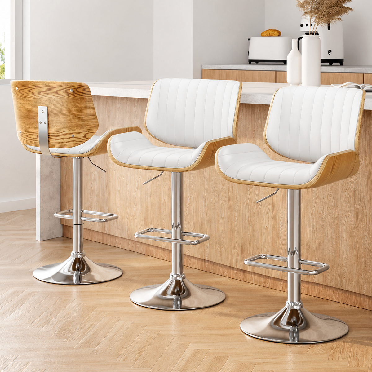 Galina Bar Stools Set of 3 PU Leather Swivel White