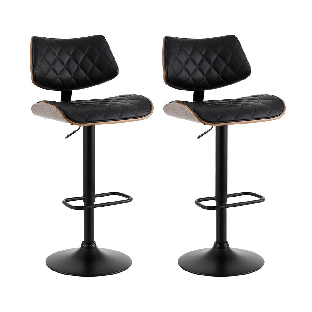 Quilla Bar Stools Pair Gas Lift Black Leather Bentwood
