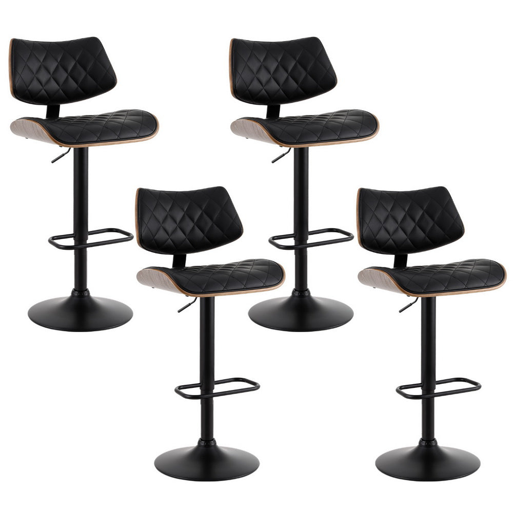 Quilla Bar Stools Set of 4 Adjustable Swivel Black Leather