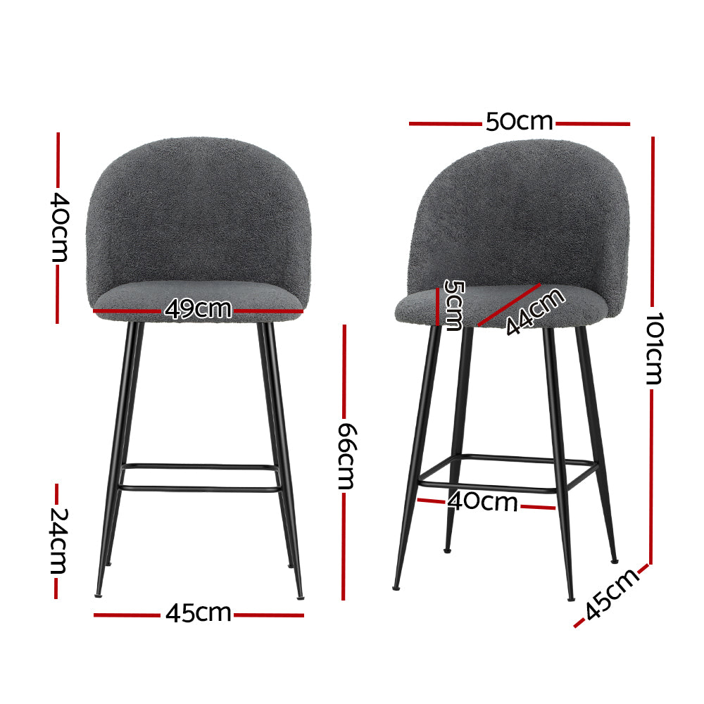 Fenille Bar Stools 66cm Sherpa Upholstery Charcoal Metal Frame x2