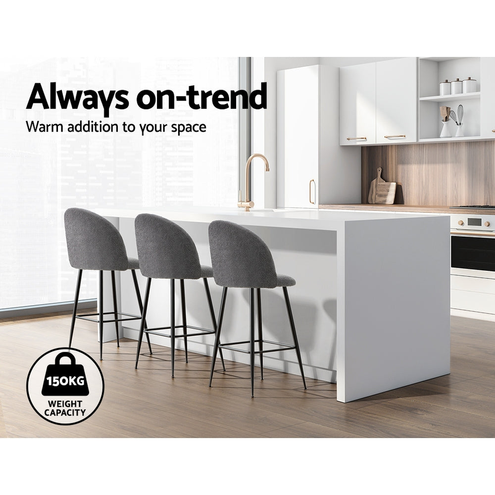 Fenille Bar Stools 66cm Sherpa Upholstery Charcoal Metal Frame x2