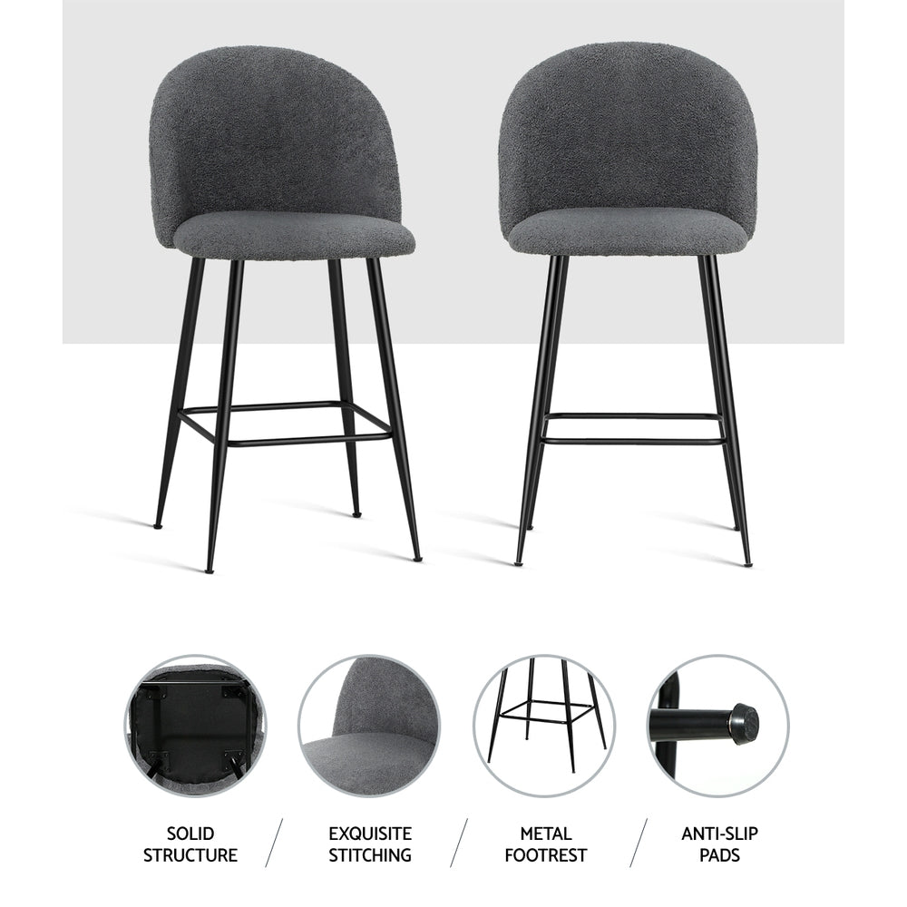 Fenille Bar Stools 66cm Sherpa Upholstery Charcoal Metal Frame x2
