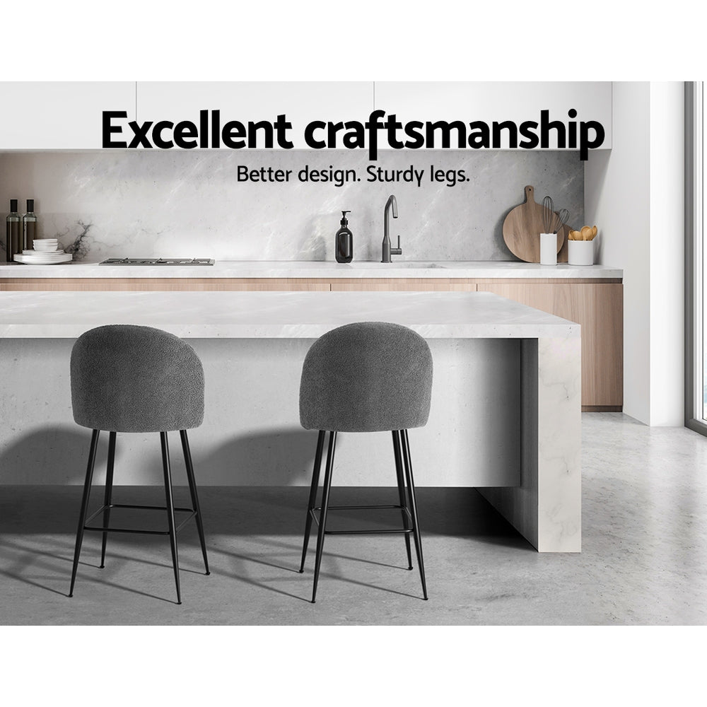 Fenille Bar Stools 66cm Sherpa Upholstery Charcoal Metal Frame x2