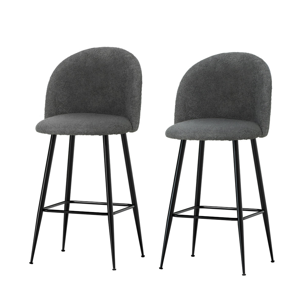 Fenille Bar Stools 66cm Sherpa Upholstery Charcoal Metal Frame x2