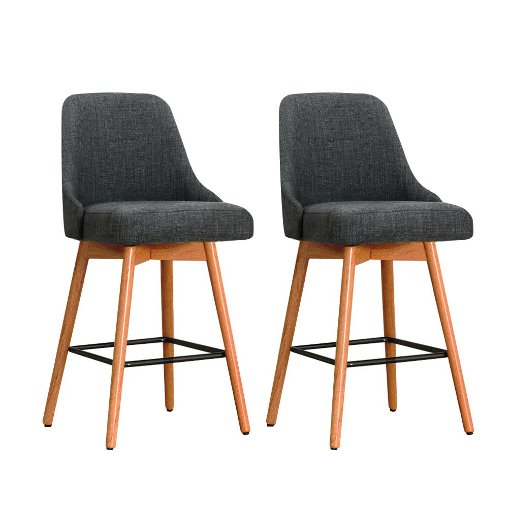 Charcoal Swivel Bar Stools 2-Pack Wooden Faux Linen