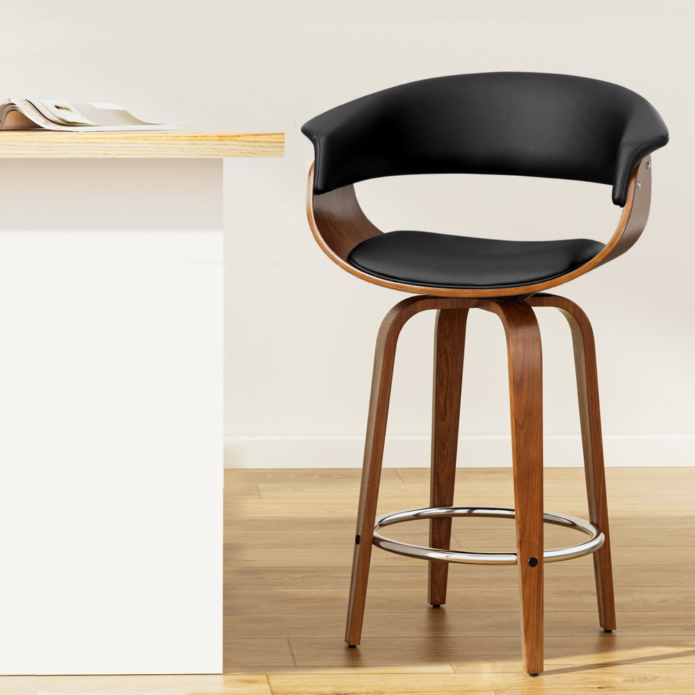 Walnut Swivel Bar Stool PU Leather Seat Black