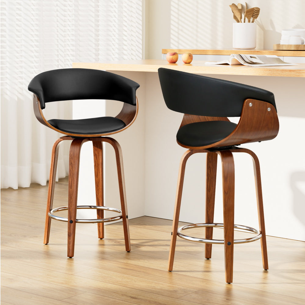 Walnut Swivel Bar Stools Set of 2 PU Leather Black