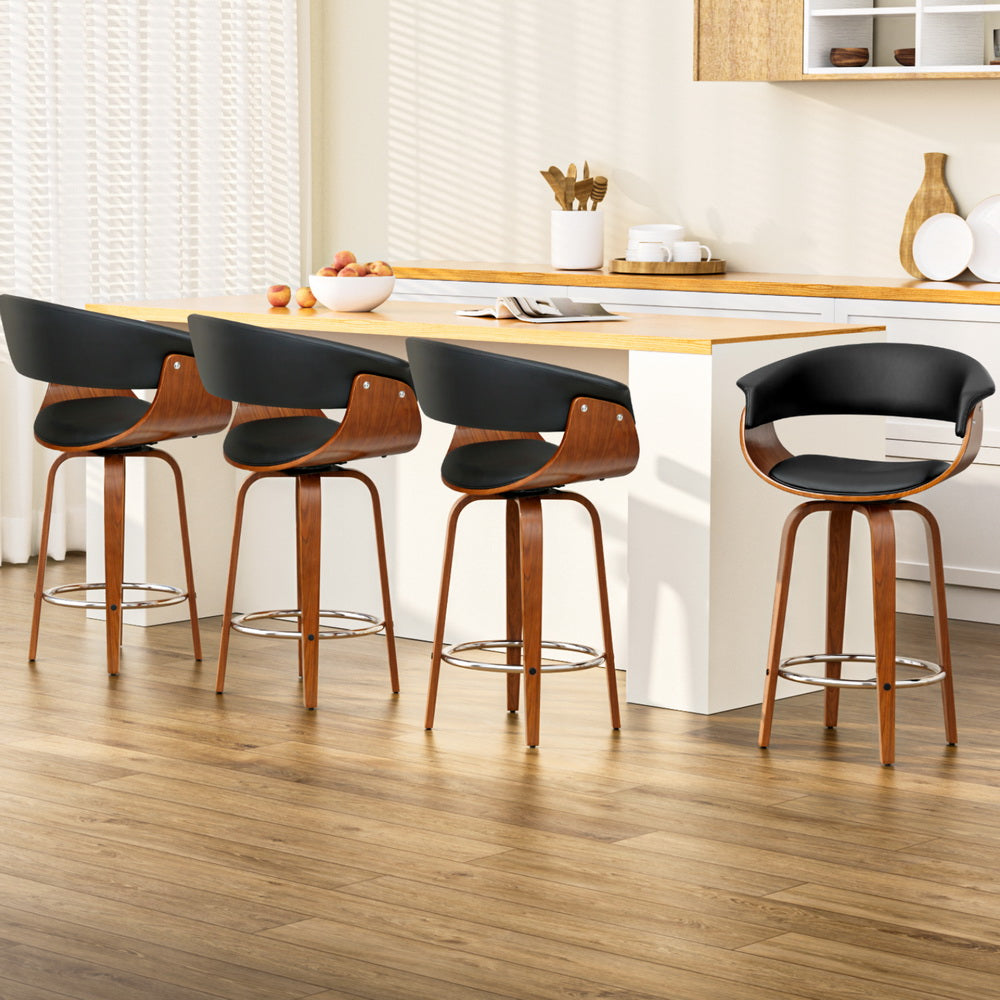 Walnut Bar Stools Set of 4 Swivel PU Leather Black