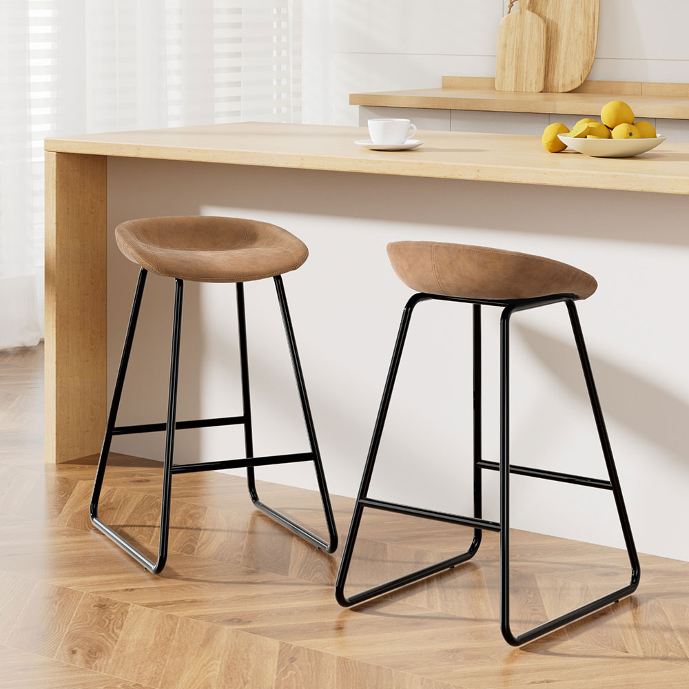 Ludovic Bar Stool Set of 2 Kitchen Counter Chair PU Leather Brown