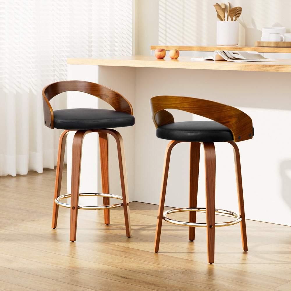 Walnut Swivel Bar Stools Set of 2 Black PU Leather