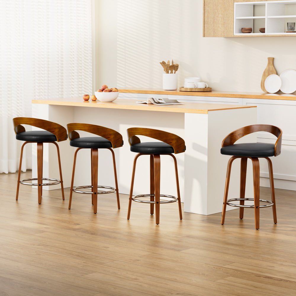 Walnut Swivel Bar Stools Set of 4 Black PU Leather