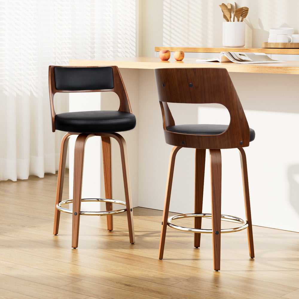 Walnut Swivel Bar Stools 65cm Leather Seat (Set of 2)