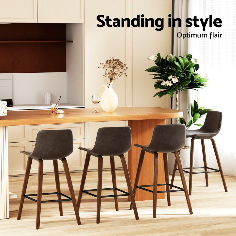 Marley Bar Stools 4-Pack Vintage Leather Wooden Walnut