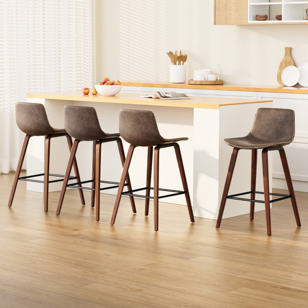 Marley Bar Stools 4-Pack Vintage Leather Wooden Walnut