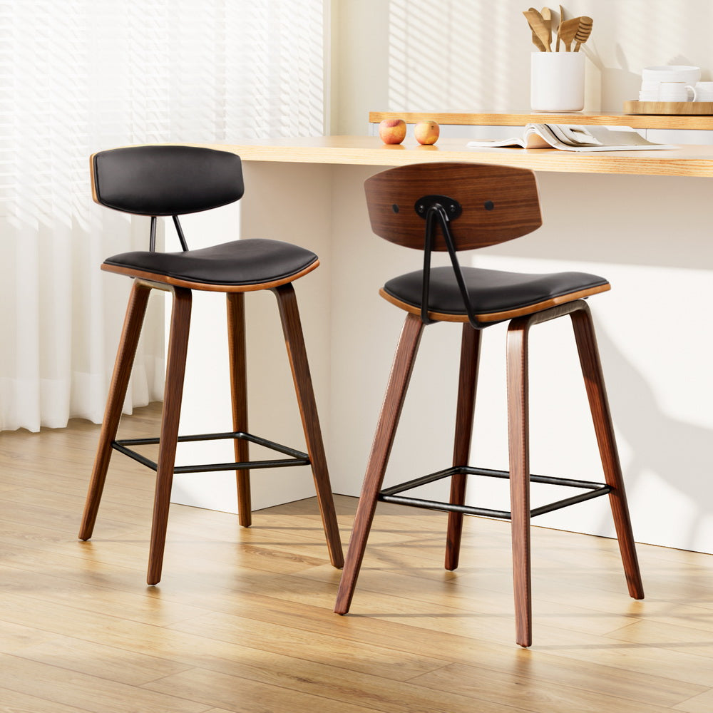 Mika Bar Stools Pair Leather Padded Backrest Wood Black