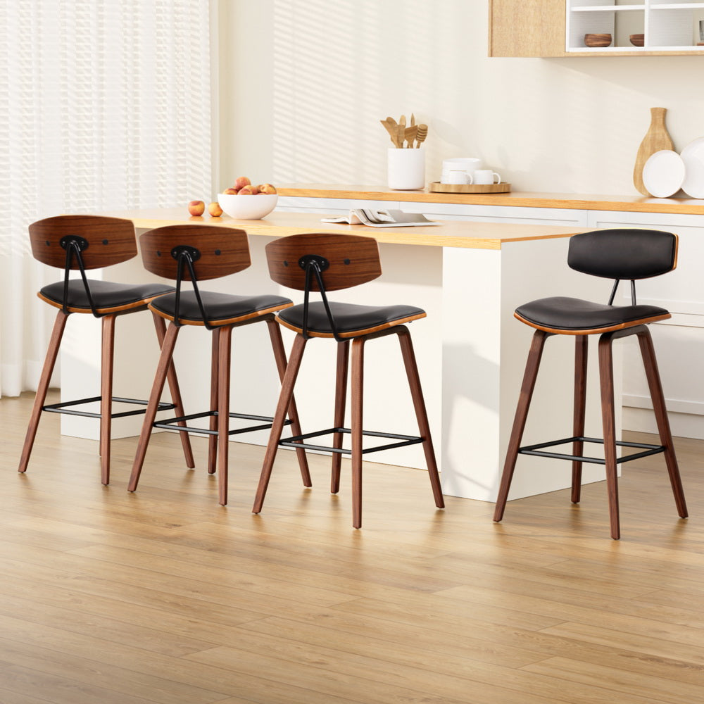 Mika Bar Stools 4-Pack Leather Padded Backrest Wood/Black