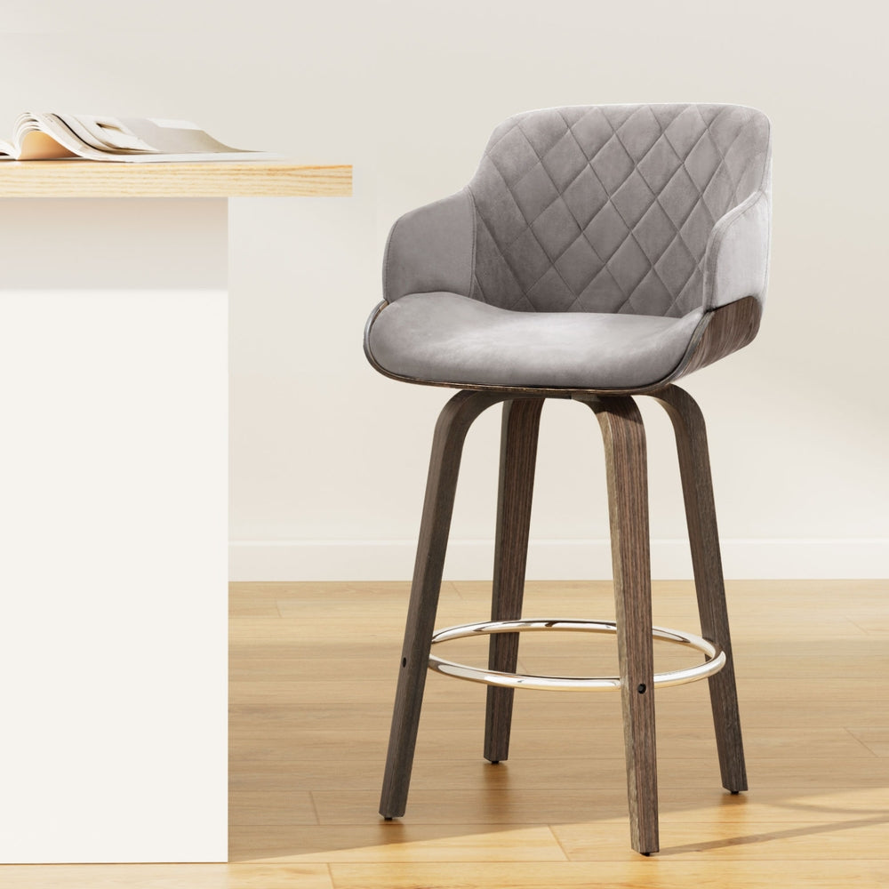 Artiss Swivel Bar Stool Velvet Padded Wooden Grey