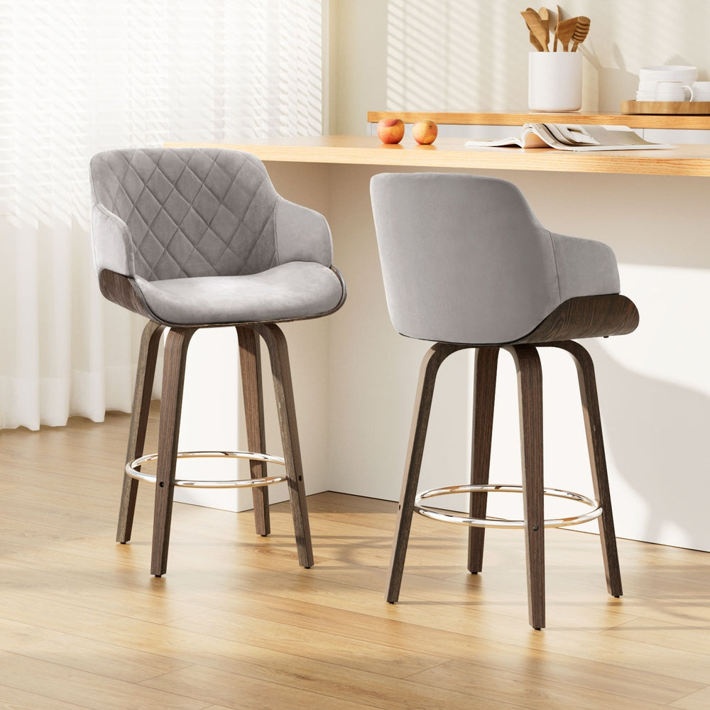 Bentwood 2x Bar Stools Swivel Velvet Padded Wooden Grey