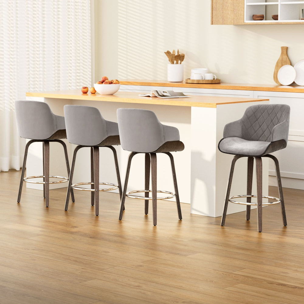 Bentwood 4x Bar Stools Swivel Velvet Padded Grey
