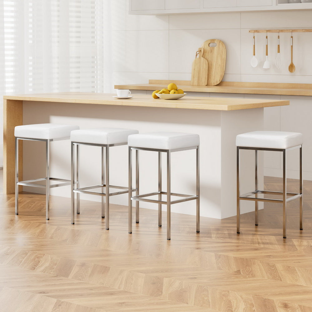 Delux Bar Stools Leather Padded Metal White (Set of 4)