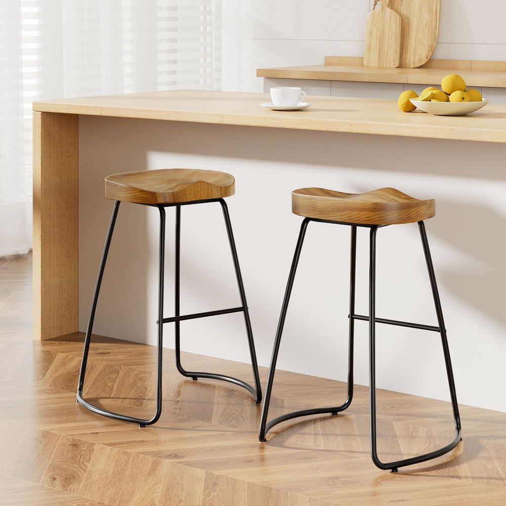 Tractor 65cm Bar Stools Wooden Seat Black Legs (Set of 2)
