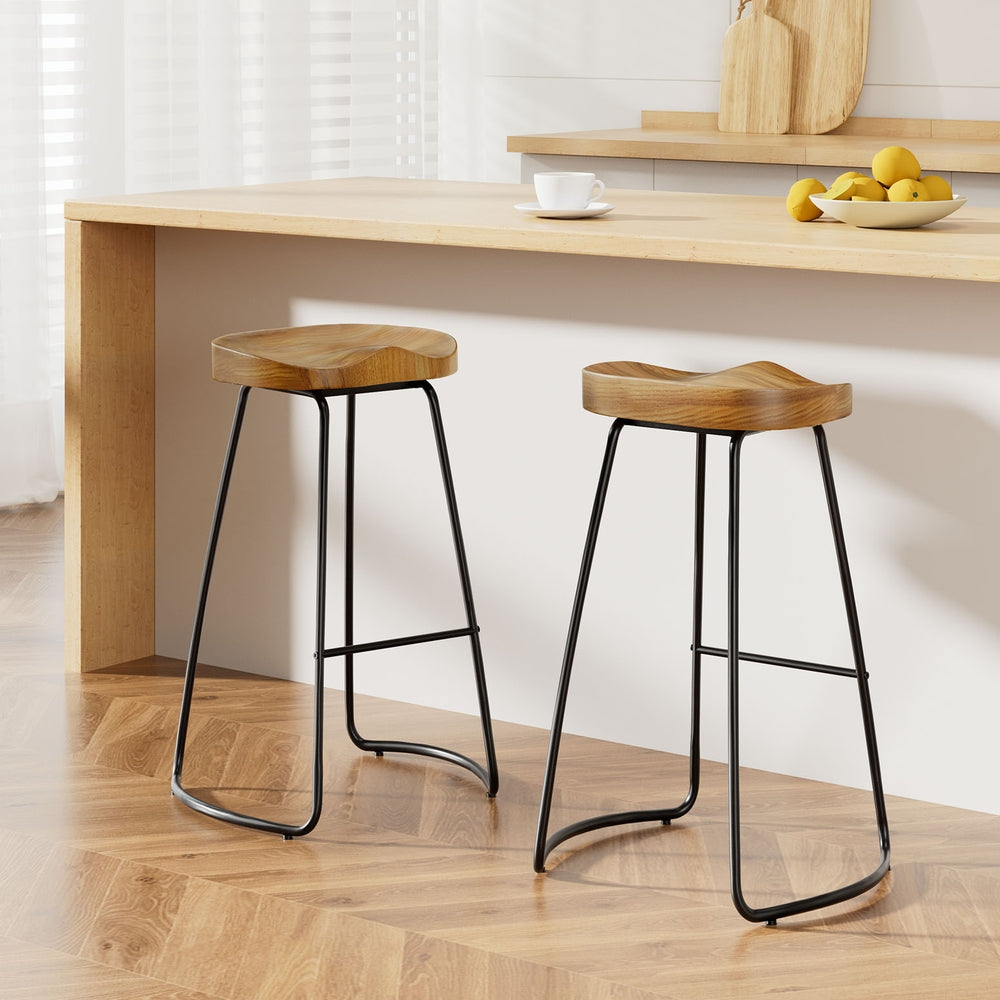 Vintage Tractor Bar Stools 75cm Wooden Seat Black Legs (Set of 2)