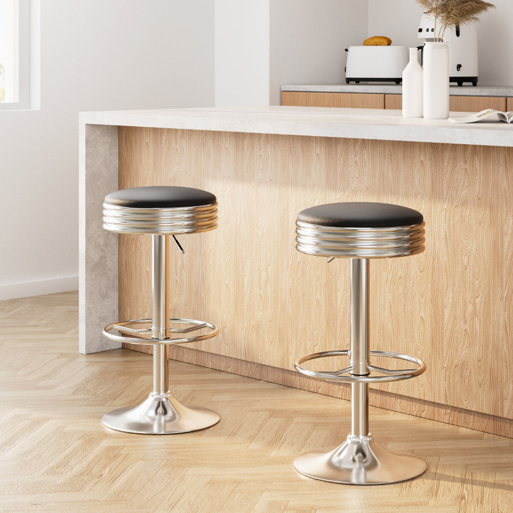 Anton Set of 2 Backless PU Leather Bar Stools, Black and Chrome