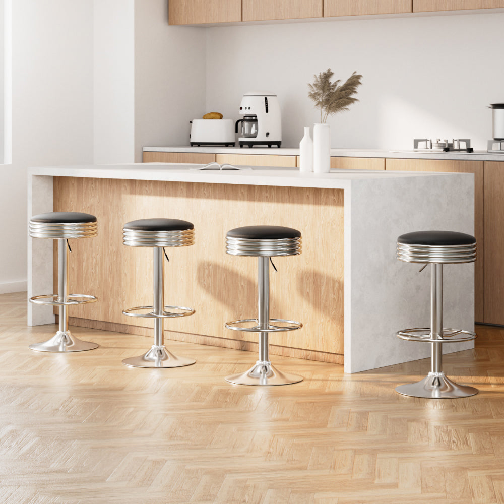 Anton 4x Bar Stools Leather Padded Gas Lift Silver Black
