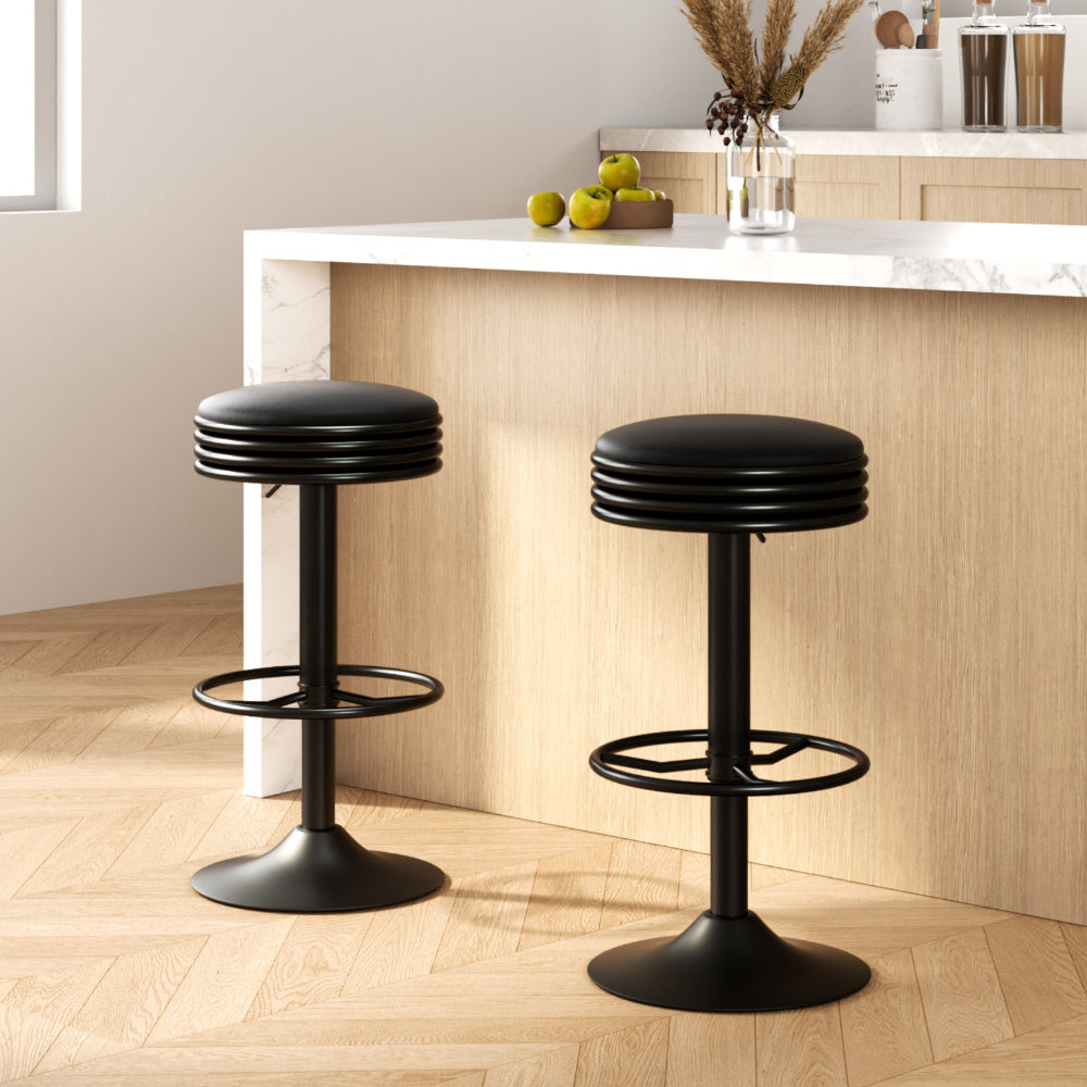 Anton Bar Stools Pair PU Leather Padded Gas Lift Black